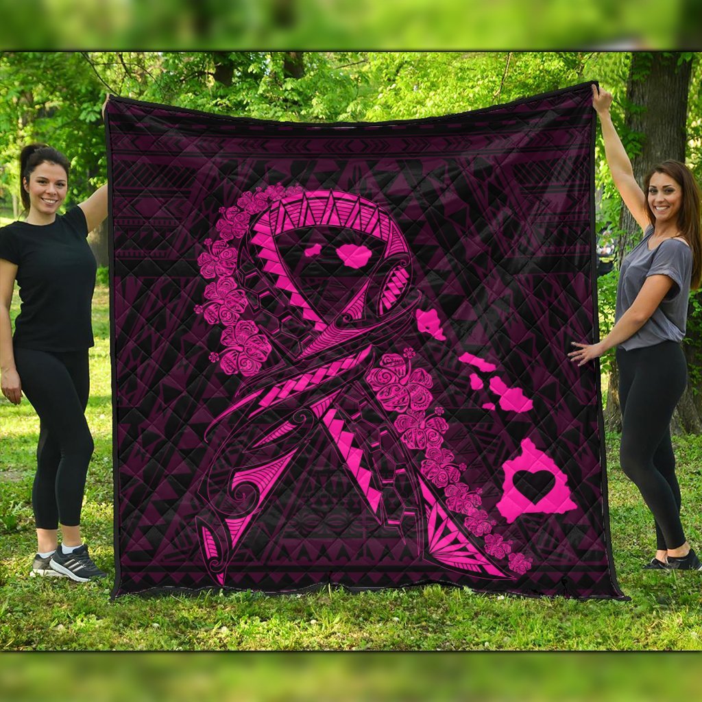 Hawaiian Map Heart Ribbon Cancer Hibiscus Pink Polynesian Premium Quilts - AH Black - Polynesian Pride