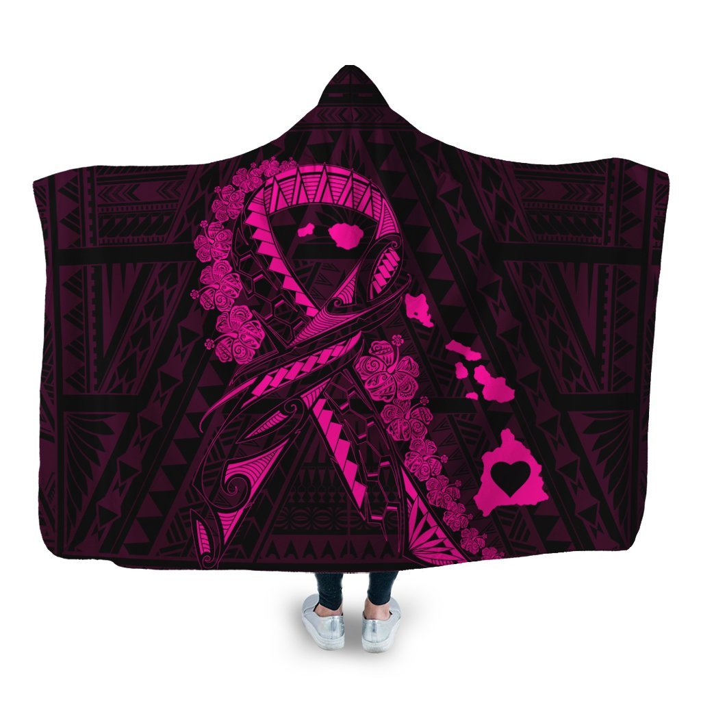 Hawaiian Map Heart Ribbon Cancer Hibiscus Pink Polynesian Hooded Blanket - AH Hooded Blanket White - Polynesian Pride