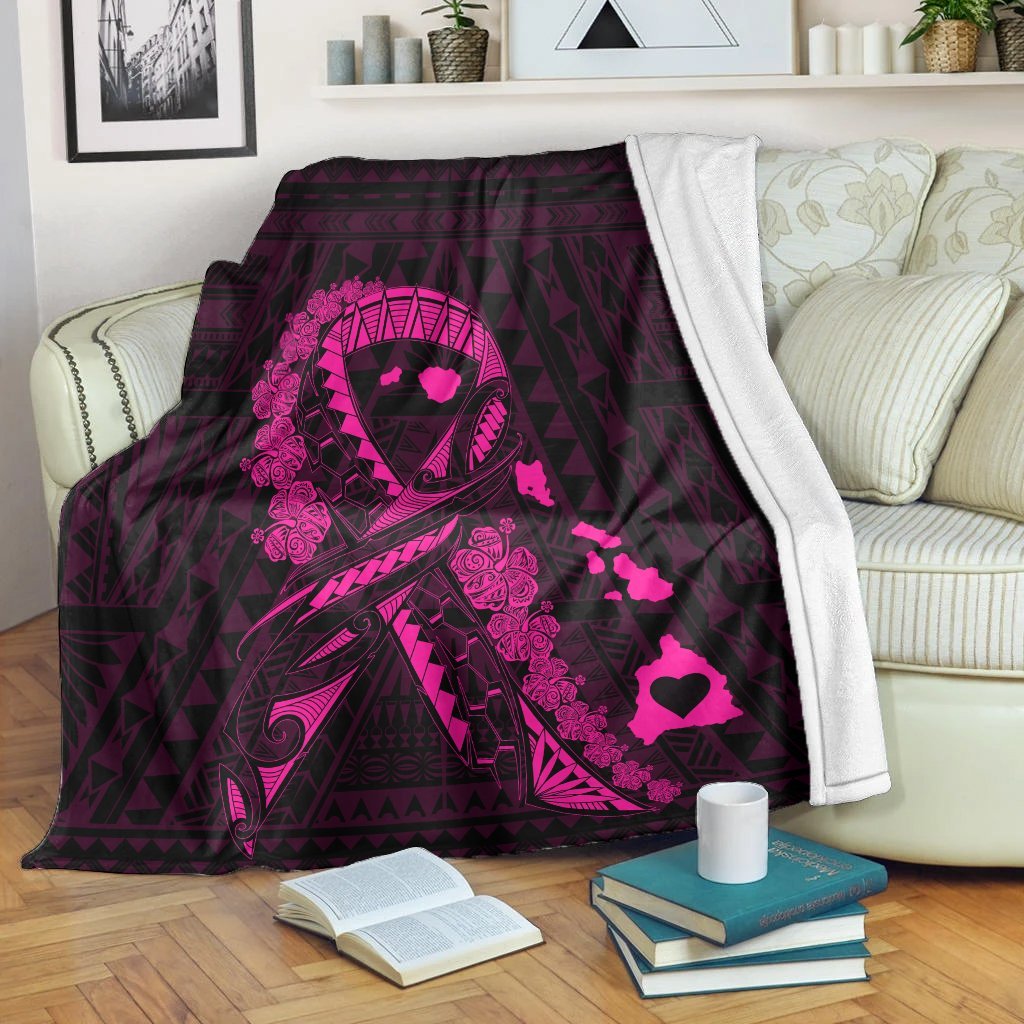 Hawaiian Map Heart Ribbon Cancer Hibiscus Pink Polynesian Premium Blankets - AH White - Polynesian Pride