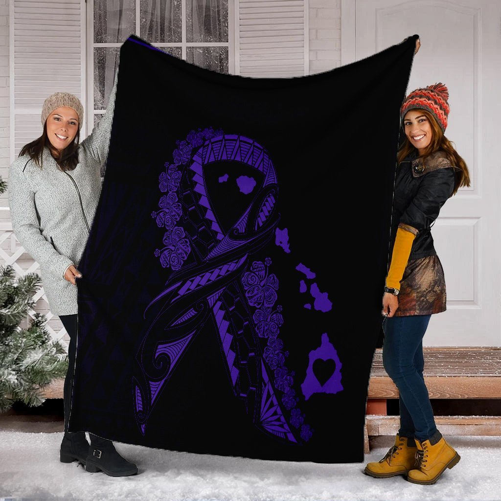 Hawaiian Map Heart Ribbon Cancer Hibiscus Purple Polynesian Premium Blankets - AH - Polynesian Pride