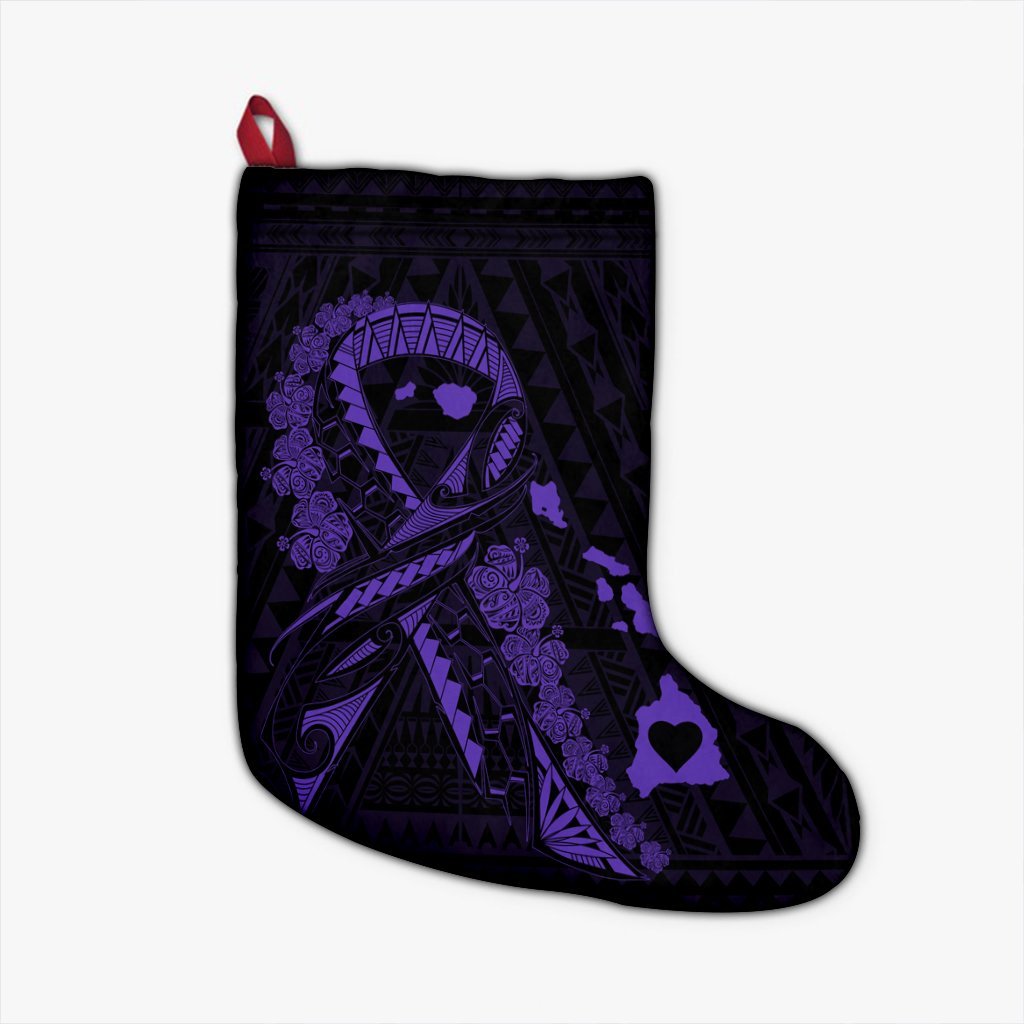 Hawaiian Map Heart Ribbon Cancer Hibiscus Purple Polynesian Christmas Stocking - AH Christmas Stocking 26 X 42 cm Black - Polynesian Pride