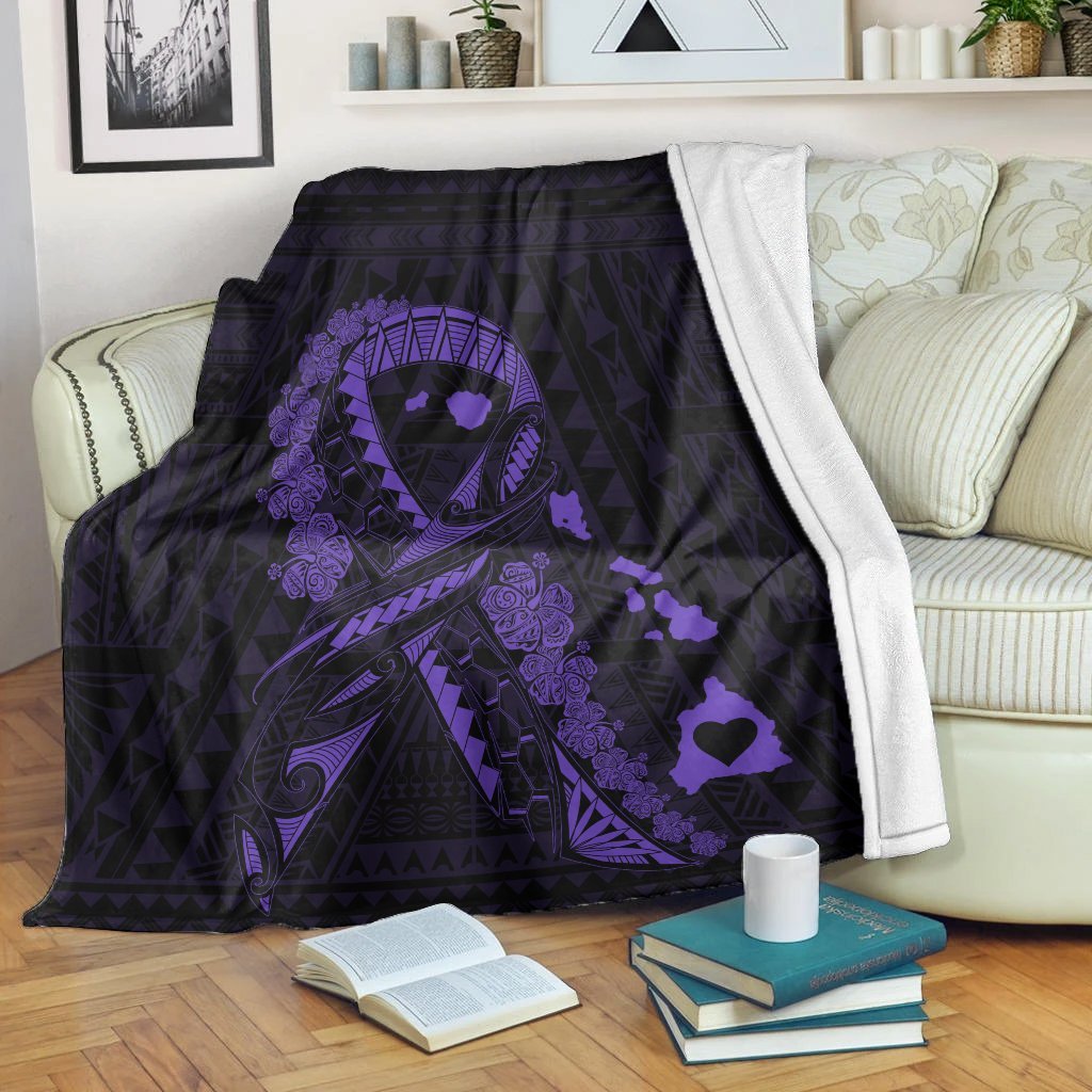 Hawaiian Map Heart Ribbon Cancer Hibiscus Purple Polynesian Premium Blankets - AH White - Polynesian Pride