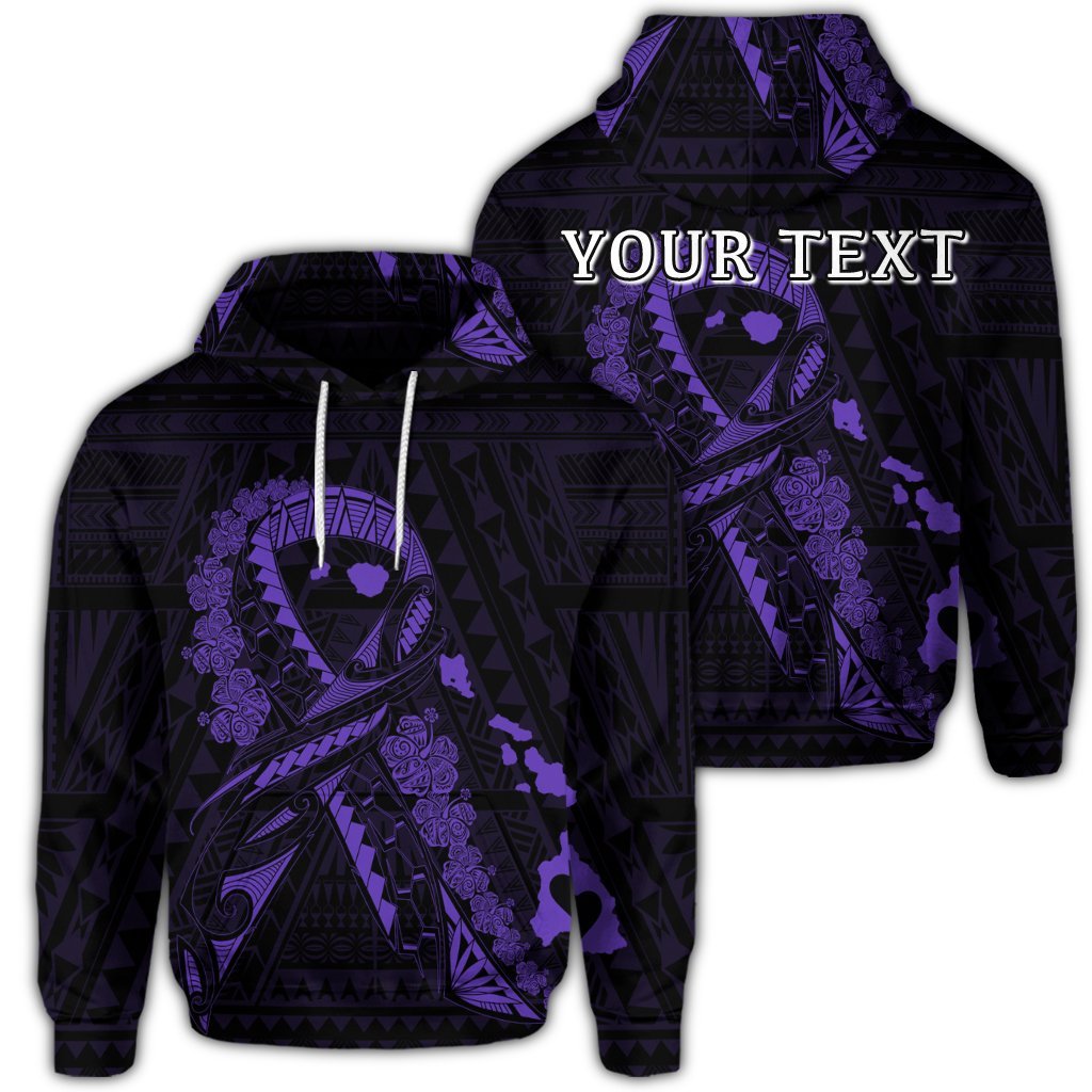 Custom Hawaiian Map Heart Ribbon Cancer Hibiscus Purple Polynesian Hoodie Unisex Art - Polynesian Pride