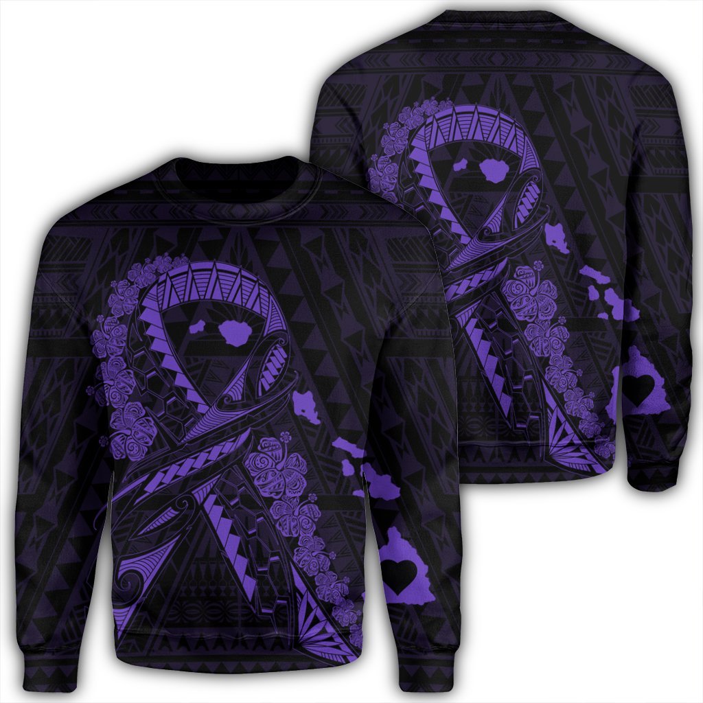 Hawaiian Map Heart Ribbon Cancer Hibiscus Purple Polynesian Sweatshirt - AH Unisex Black - Polynesian Pride