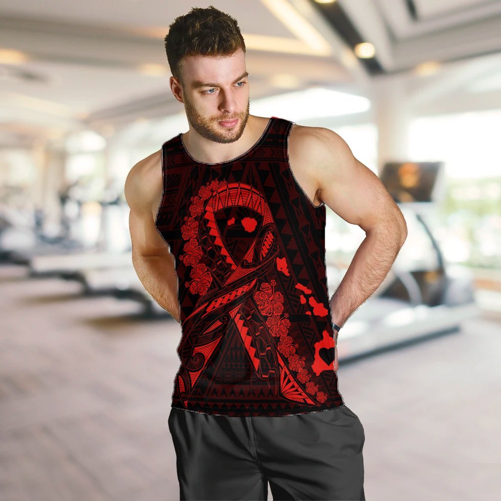 Hawaiian Map Heart Ribbon Cancer Hibiscus Red Polynesian Tank Top - AH - Polynesian Pride