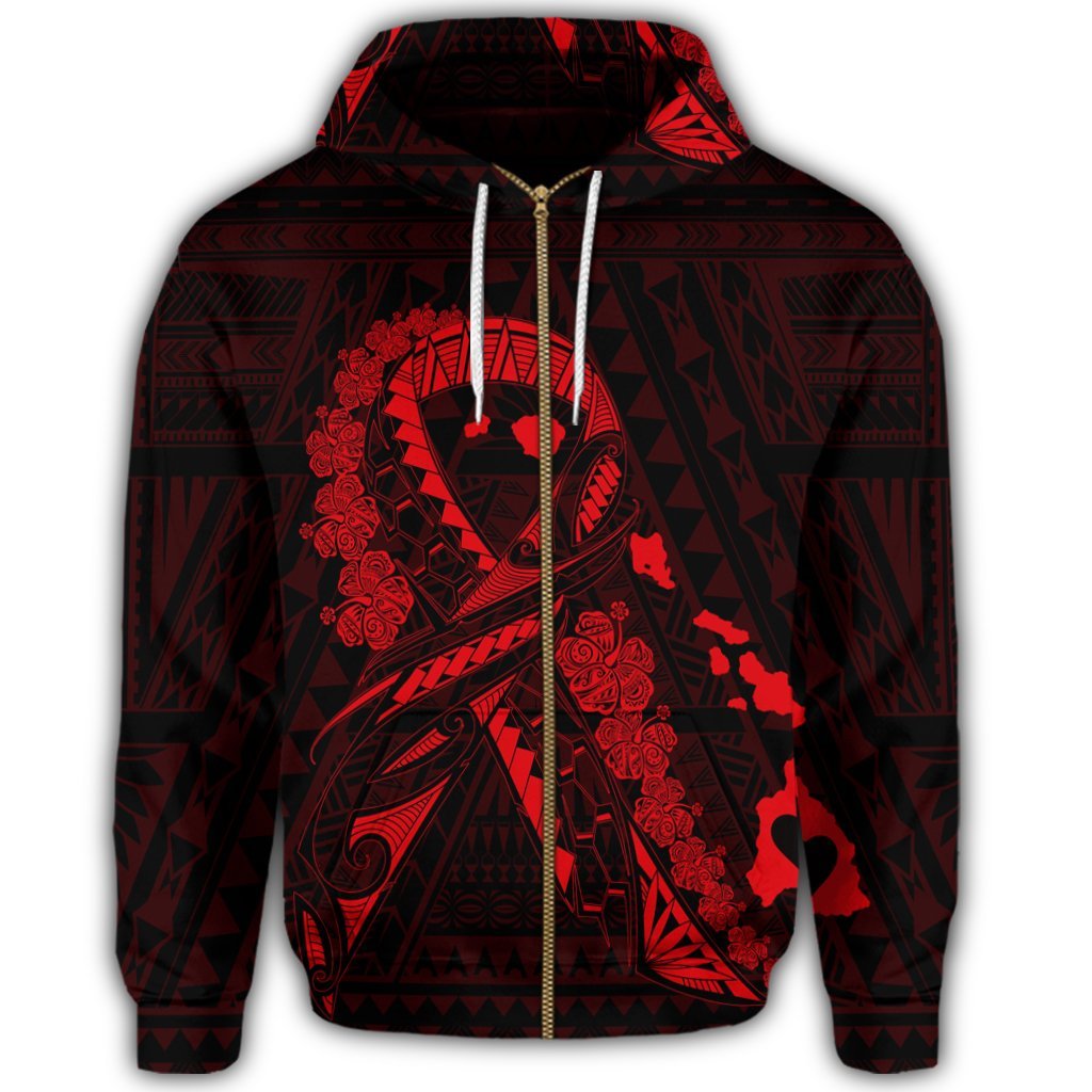 Hawaiian Map Heart Ribbon Cancer Hibiscus Red Polynesian Zip Hoodie - Polynesian Pride