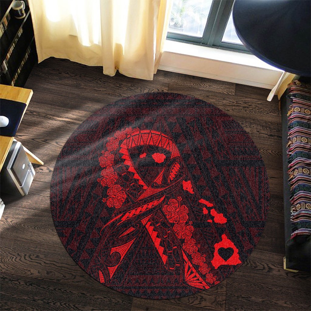 Hawaiian Map Heart Ribbon Cancer Hibiscus Red Polynesian Round Carpet - AH - Polynesian Pride