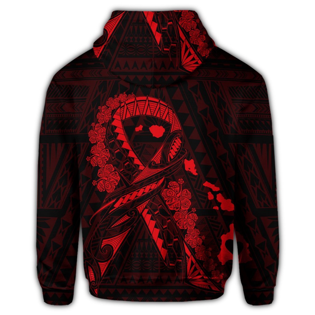 Hawaiian Map Heart Ribbon Cancer Hibiscus Red Polynesian Zip Hoodie - Polynesian Pride