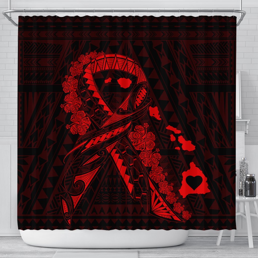 Hawaiian Map Heart Ribbon Cancer Hibiscus Red Polynesian Shower Curtain - AH 177 x 172 (cm) Black - Polynesian Pride