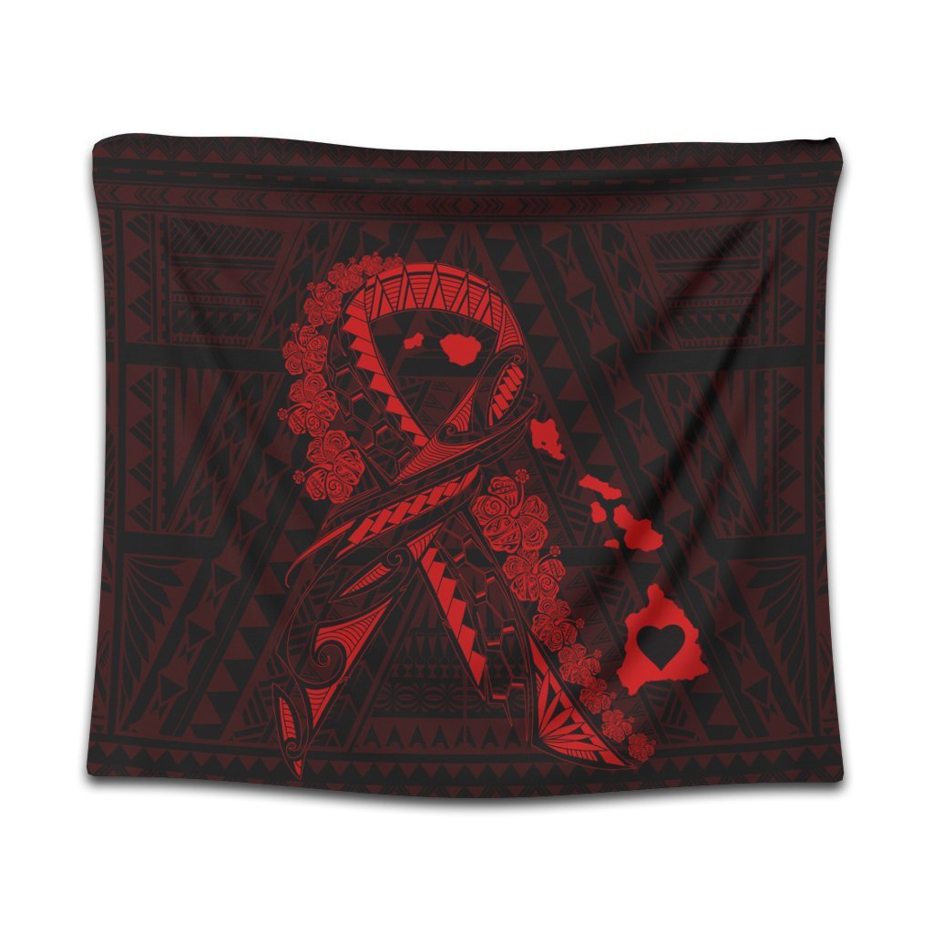 Hawaiian Map Heart Ribbon Cancer Hibiscus Red Polynesian Tapestry - AH Wall Tapestry Black - Polynesian Pride