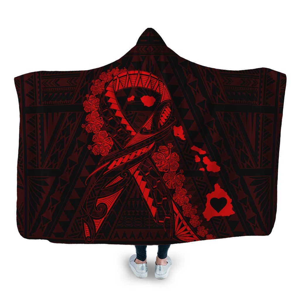 Hawaiian Map Heart Ribbon Cancer Hibiscus Red Polynesian Hooded Blanket - AH Hooded Blanket White - Polynesian Pride