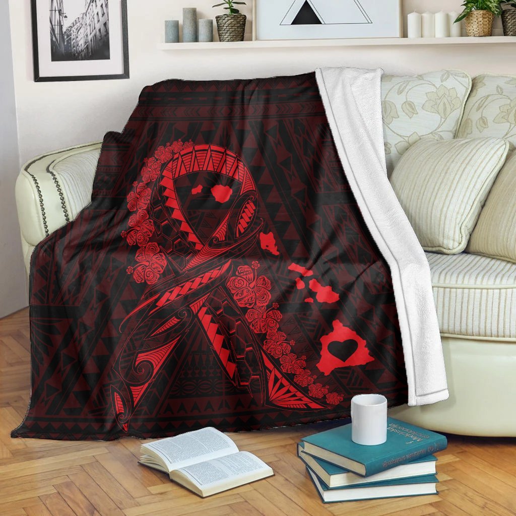 Hawaiian Map Heart Ribbon Cancer Hibiscus Red Polynesian Premium Blankets - AH White - Polynesian Pride