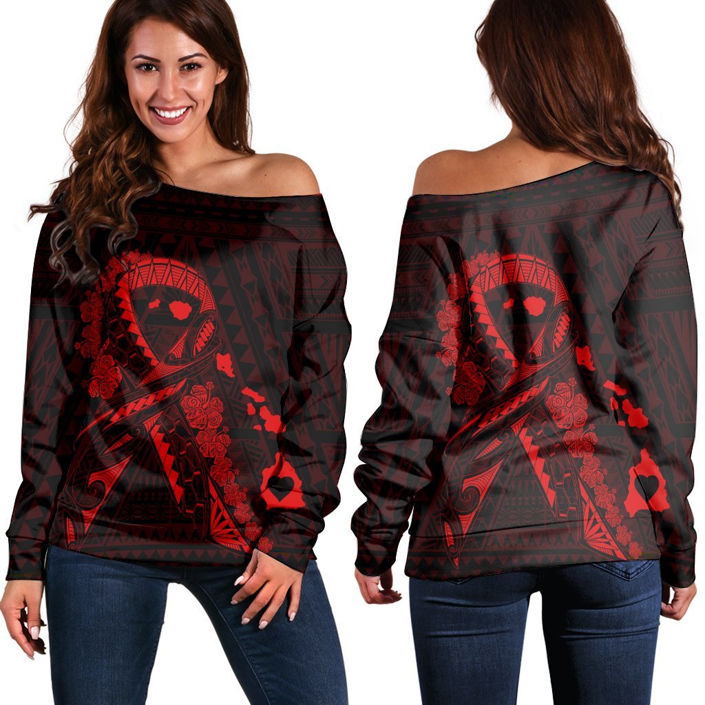 Hawaiian Map Heart Ribbon Cancer Hibiscus Red Polynesian Women's Off Shoulder Sweater - AH Black - Polynesian Pride