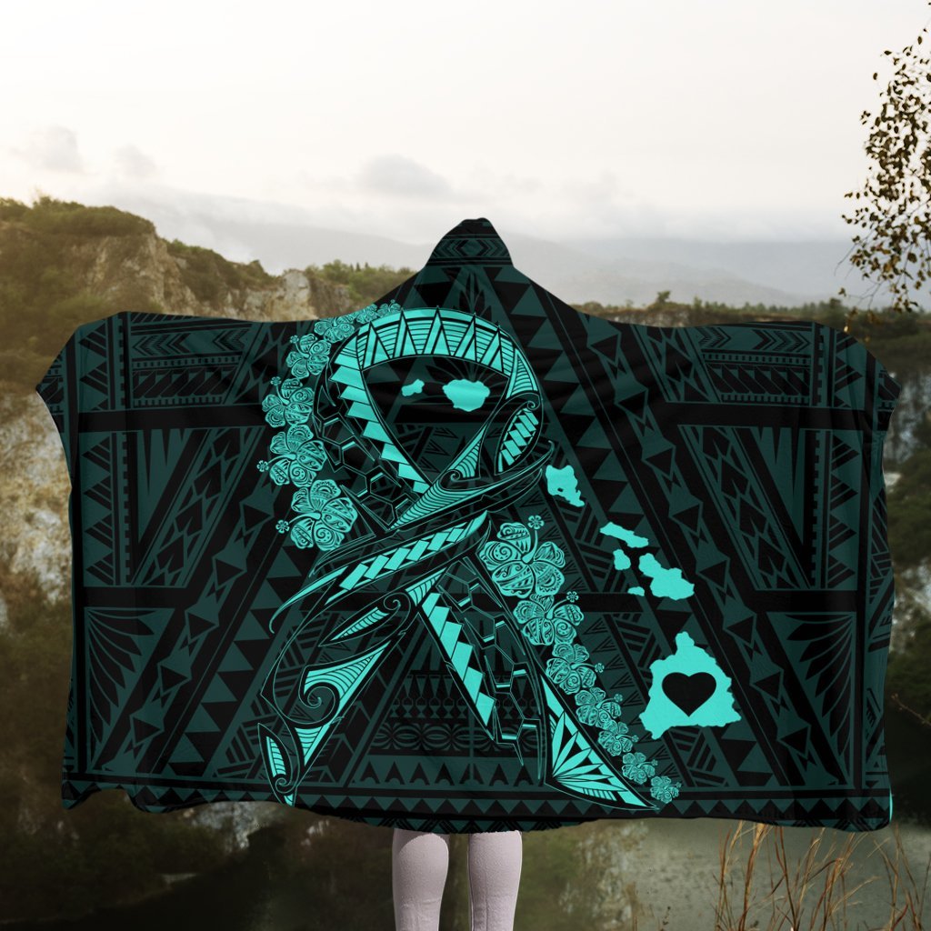 Hawaiian Map Heart Ribbon Cancer Hibiscus Turquoise Polynesian Hooded Blanket - AH - Polynesian Pride