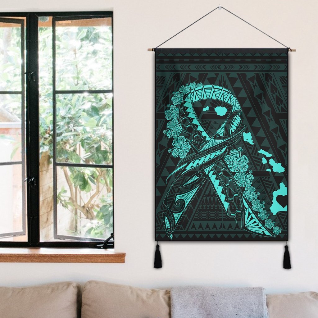 Hawaiian Map Heart Ribbon Cancer Hibiscus Turquoise Polynesian Hanging Poster - AH - Polynesian Pride