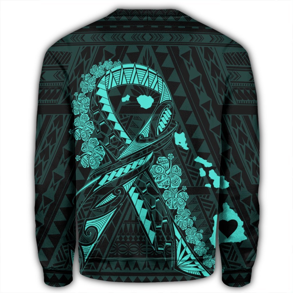 Hawaiian Map Heart Ribbon Cancer Hibiscus Turquoise Polynesian Sweatshirt - AH - Polynesian Pride