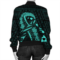 Hawaiian Map Heart Ribbon Cancer Hibiscus Turquoise Polynesian Bomber Jacket - AH - Polynesian Pride