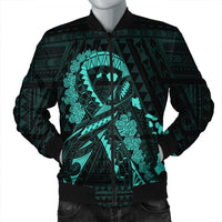 Hawaiian Map Heart Ribbon Cancer Hibiscus Turquoise Polynesian Bomber Jacket - AH Black Unisex - Polynesian Pride