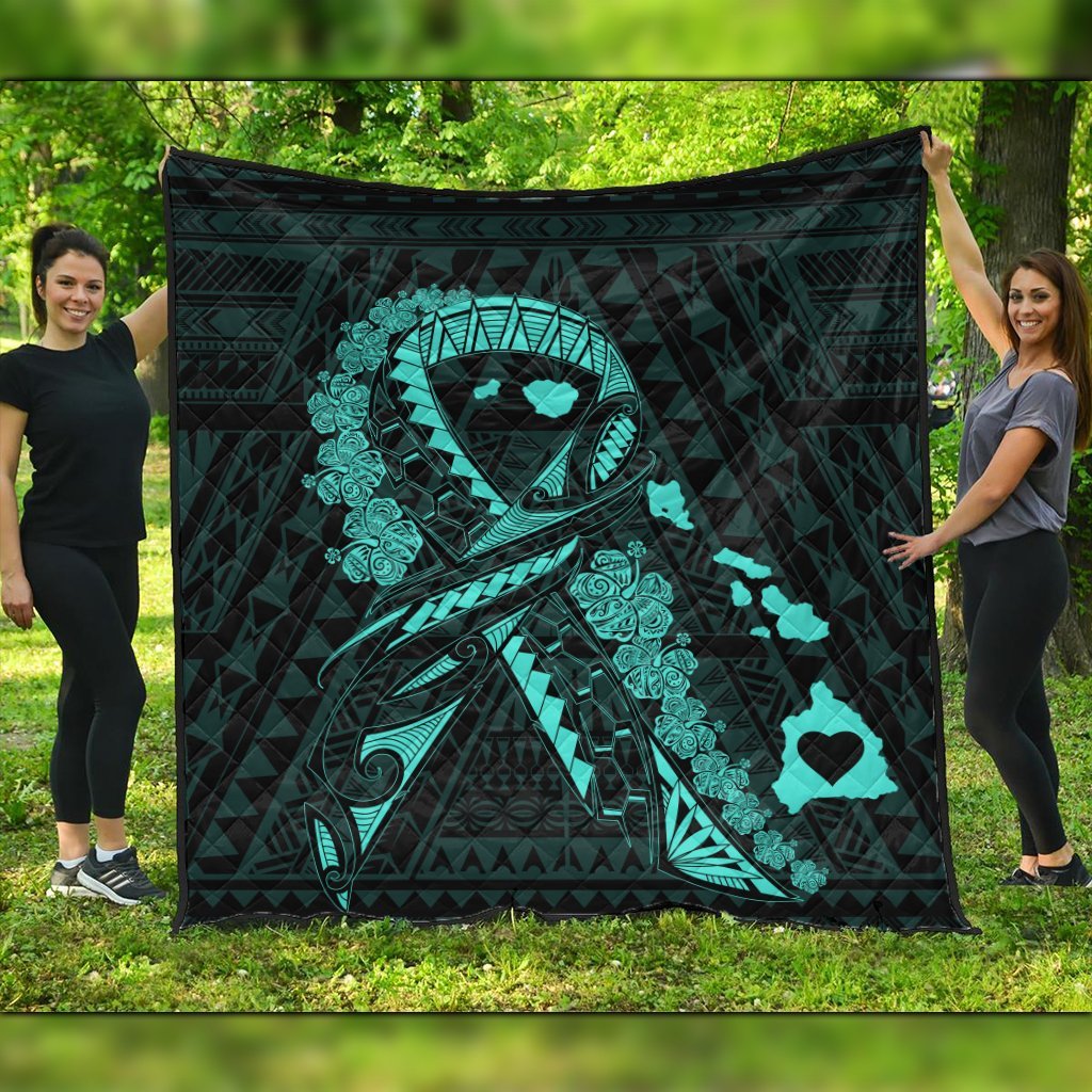 Hawaiian Map Heart Ribbon Cancer Hibiscus Turquoise Polynesian Premium Quilts - AH Black - Polynesian Pride