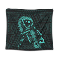 Hawaiian Map Heart Ribbon Cancer Hibiscus Turquoise Polynesian Tapestry - AH Wall Tapestry Black - Polynesian Pride
