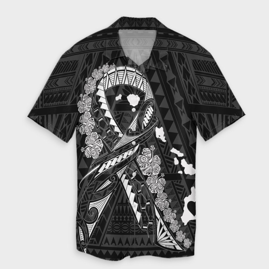 Hawaiian Map Heart Ribbon Cancer Hibiscus White Polynesian Hawaiian Shirt - AH Unisex Black - Polynesian Pride