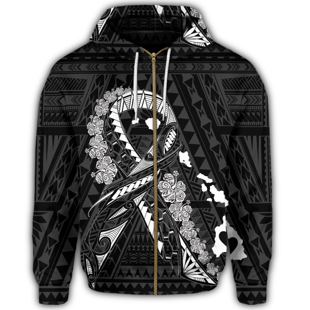 Hawaiian Map Heart Ribbon Cancer Hibiscus White Polynesian Zip Hoodie - Polynesian Pride