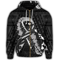 Hawaiian Map Heart Ribbon Cancer Hibiscus White Polynesian Zip Hoodie - Polynesian Pride