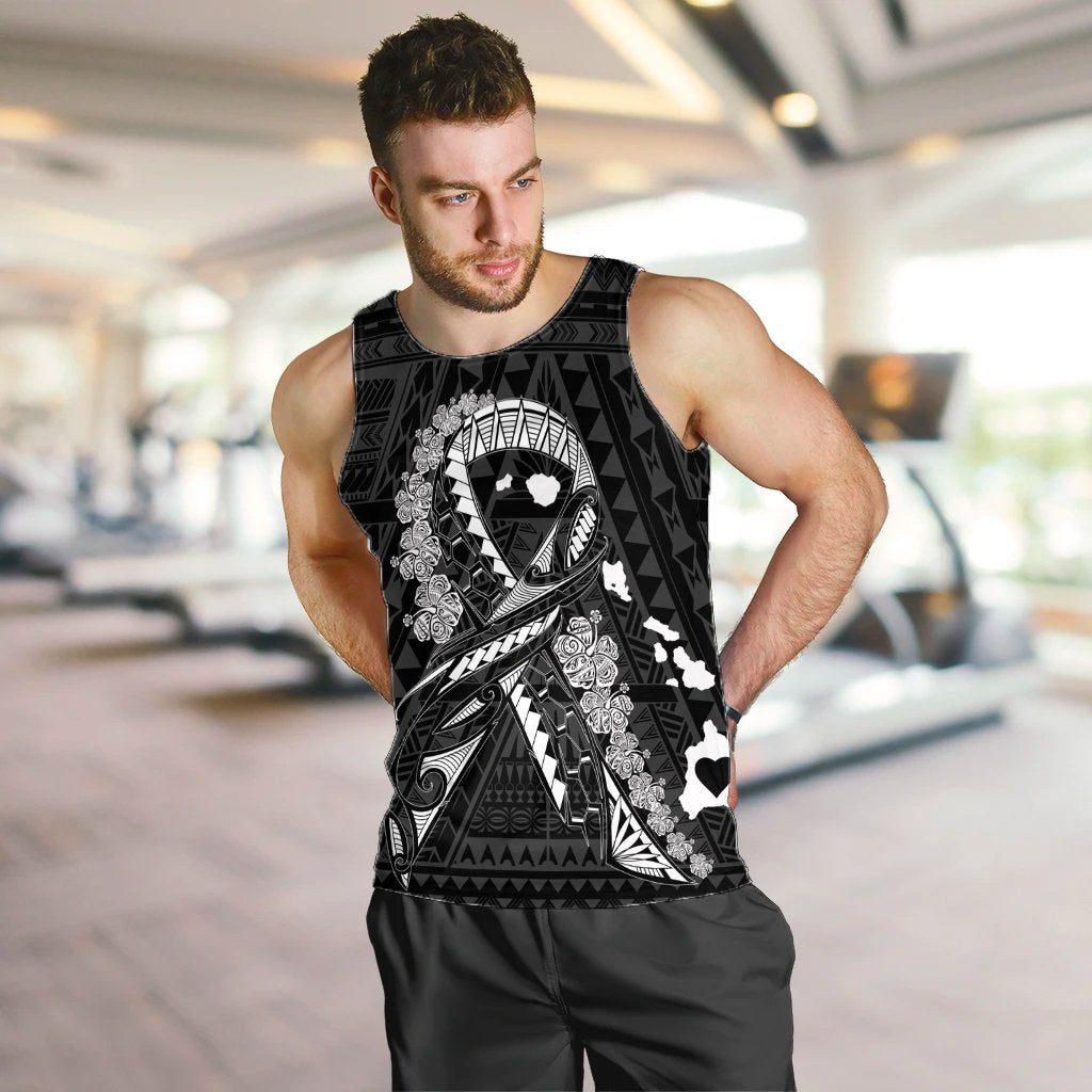 Hawaiian Map Heart Ribbon Cancer Hibiscus White Polynesian Tank Top - AH - Polynesian Pride