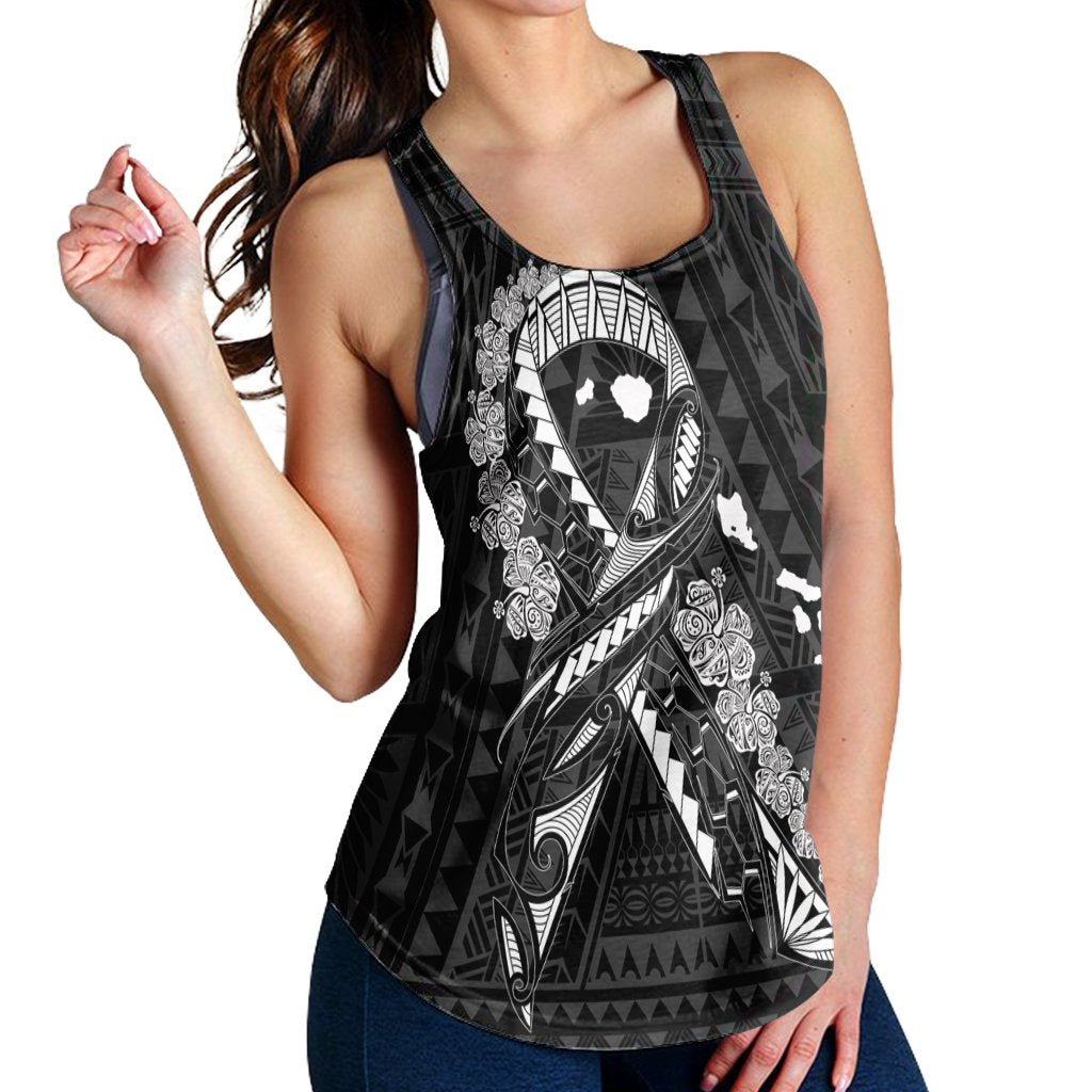 Hawaiian Map Heart Ribbon Cancer Hibiscus White Polynesian Racerback Tank - AH - Polynesian Pride