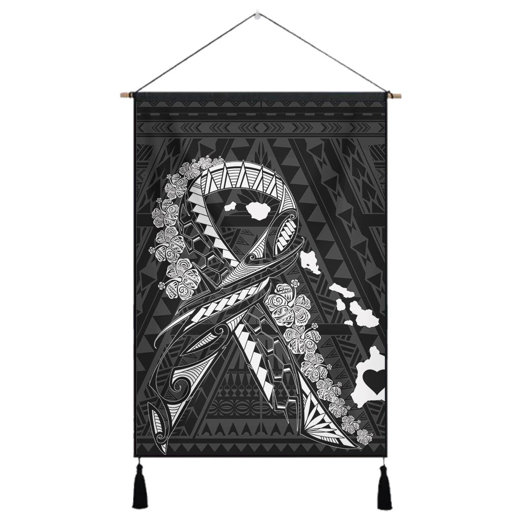 Hawaiian Map Heart Ribbon Cancer Hibiscus White Polynesian Hanging Poster - AH Hanging Poster Cotton And Linen - Polynesian Pride