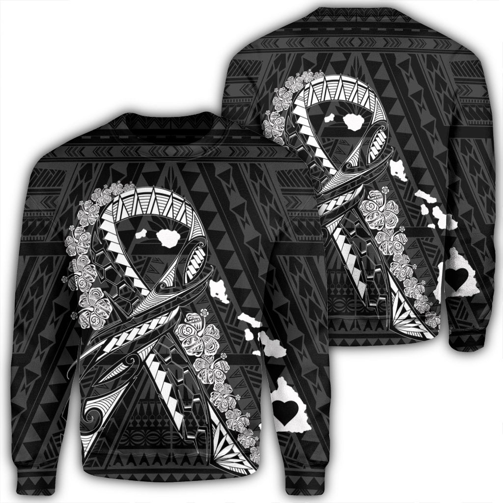 Hawaiian Map Heart Ribbon Cancer Hibiscus White Polynesian Sweatshirt - AH Unisex Black - Polynesian Pride