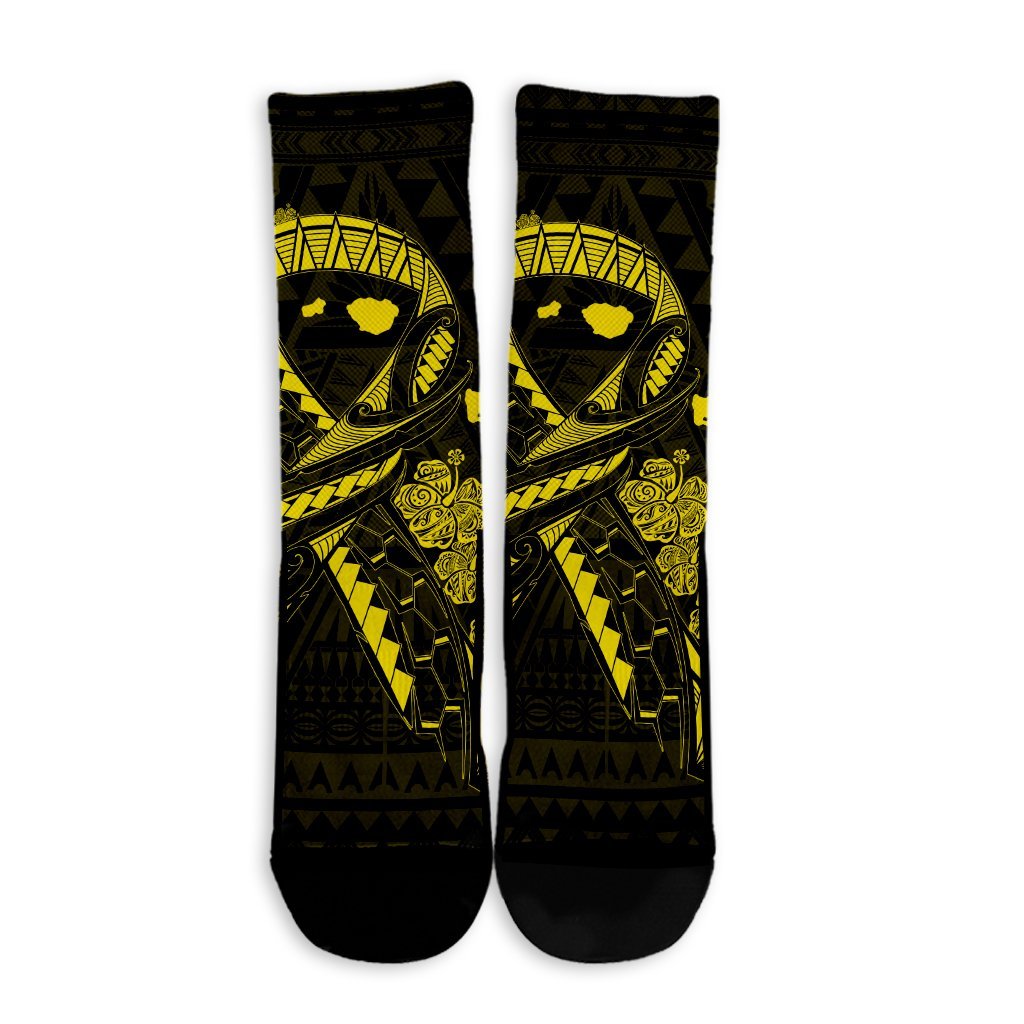 Hawaiian Map Heart Ribbon Cancer Hibiscus Yellow Polynesian Crew Socks - AH - Polynesian Pride