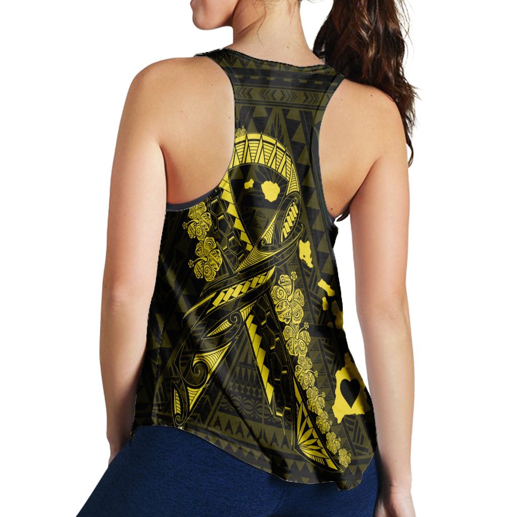 Hawaiian Map Heart Ribbon Cancer Hibiscus Yellow Polynesian Racerback Tank - AH - Polynesian Pride