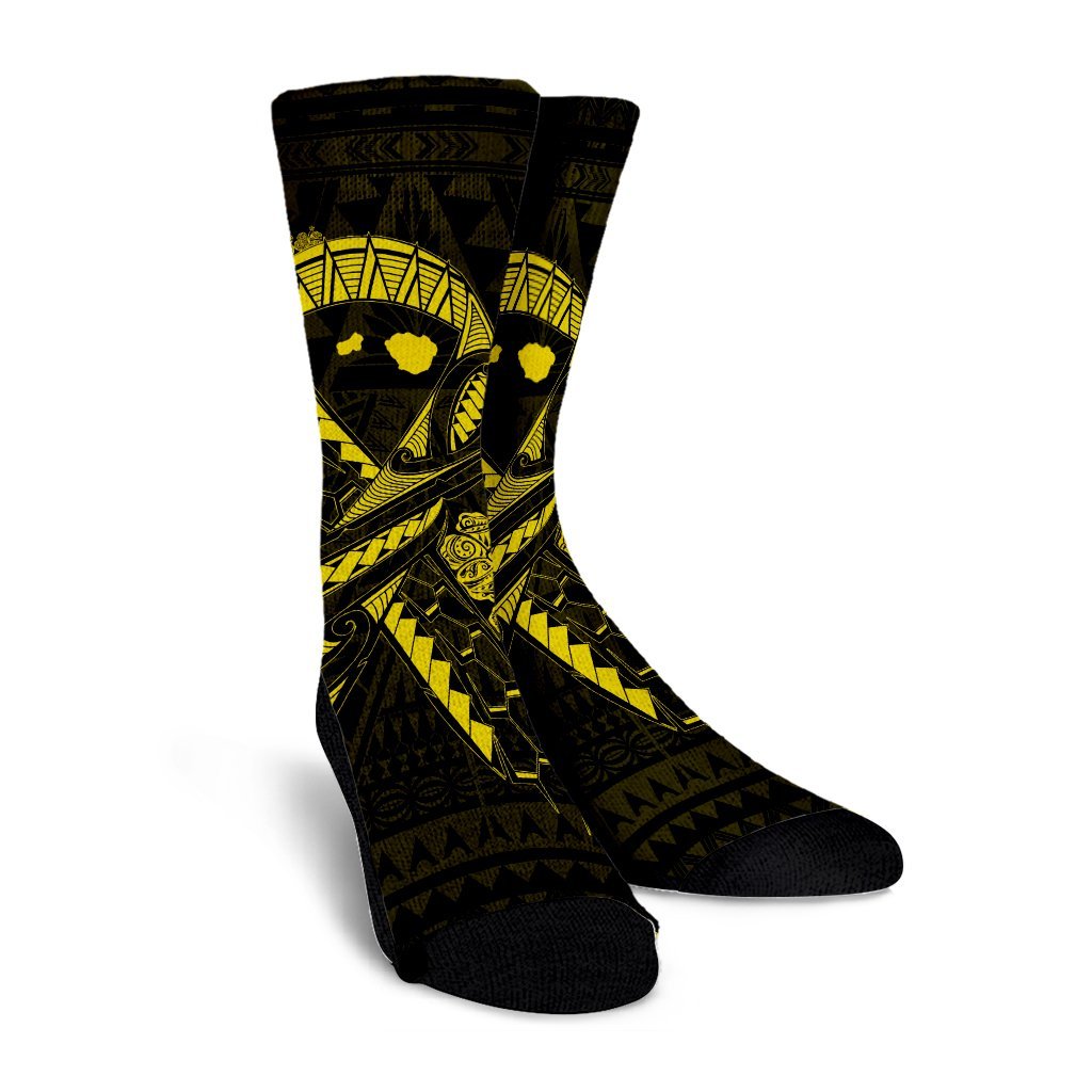 Hawaiian Map Heart Ribbon Cancer Hibiscus Yellow Polynesian Crew Socks - AH - Polynesian Pride
