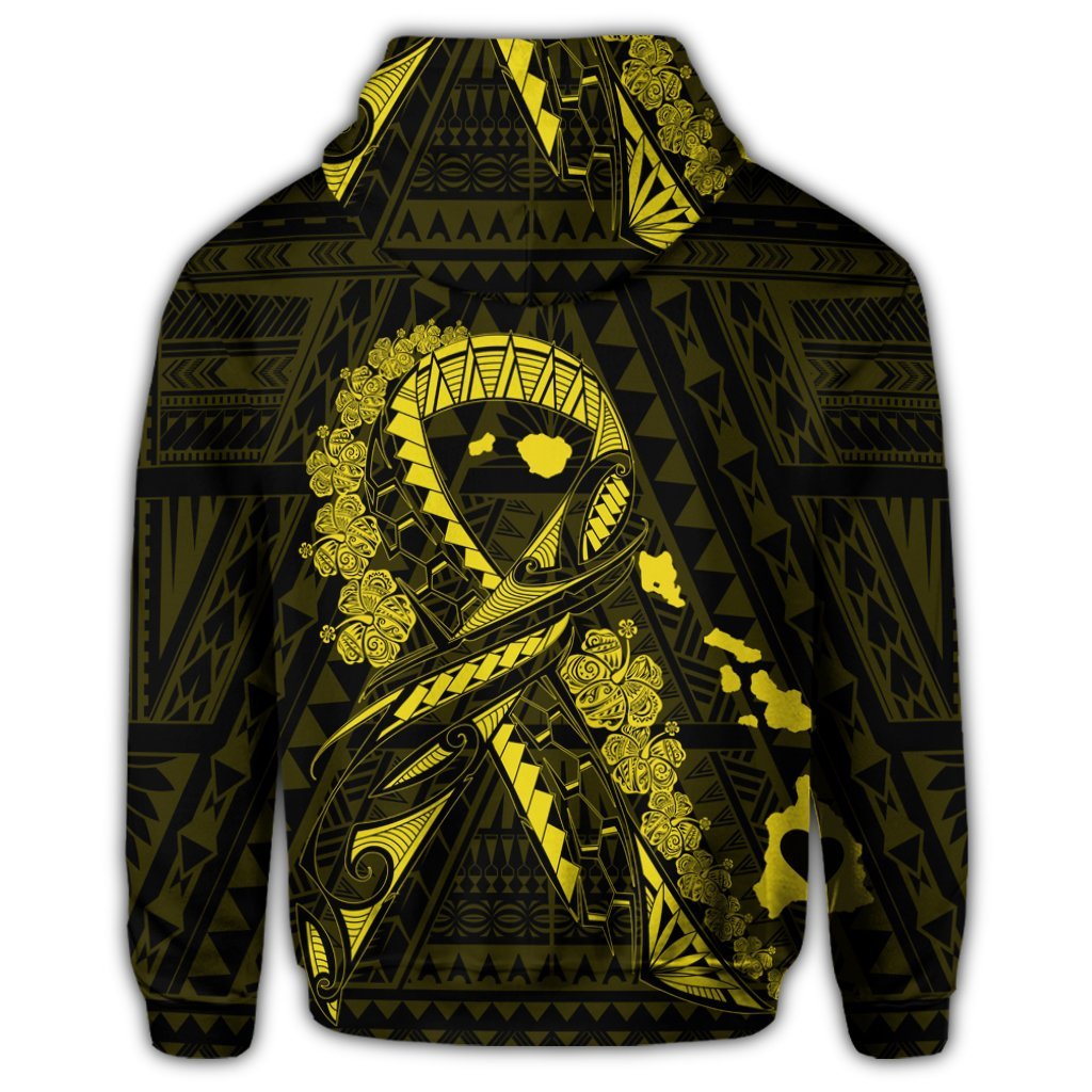 Hawaiian Map Heart Ribbon Cancer Hibiscus Yellow Polynesian Zip Hoodie - Polynesian Pride