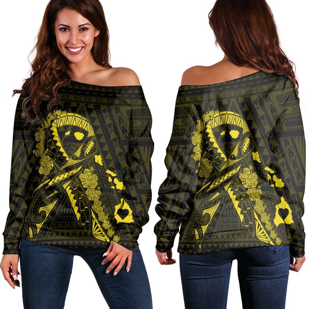 Hawaiian Map Heart Ribbon Cancer Hibiscus Yellow Polynesian Women's Off Shoulder Sweater - AH Black - Polynesian Pride