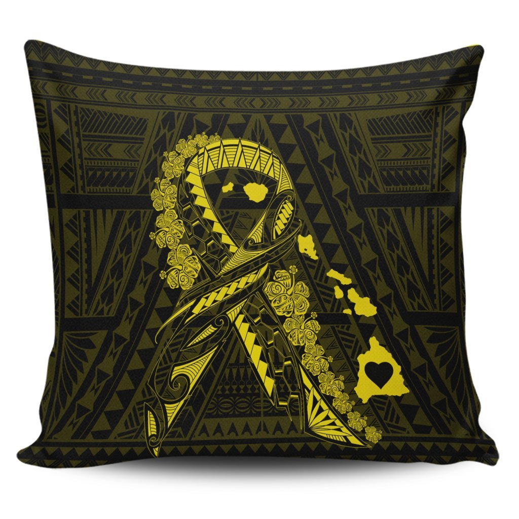 Hawaiian Map Heart Ribbon Cancer Hibiscus Yellow Polynesian Pillow Covers - AH Pillow Covers Black - Polynesian Pride