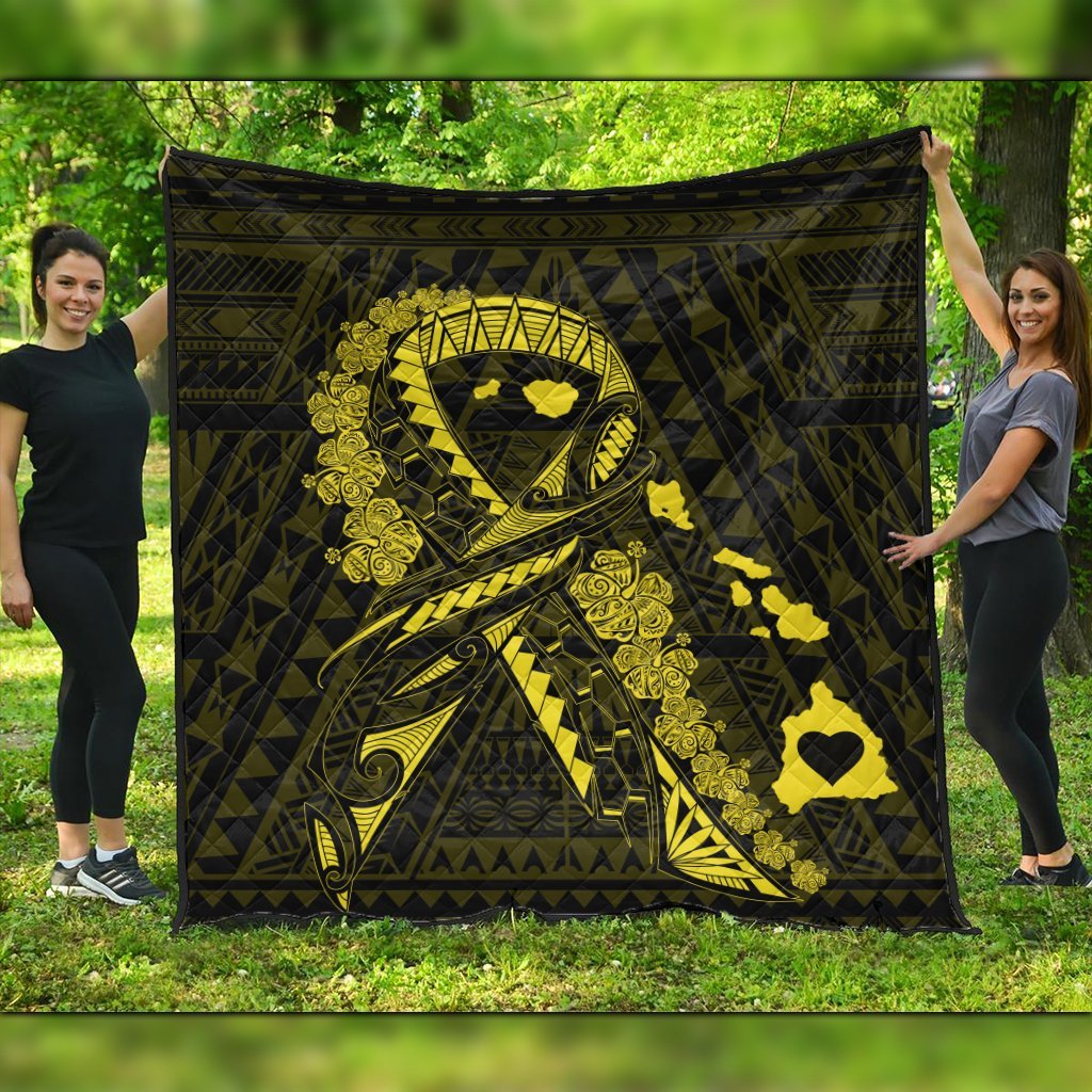 Hawaiian Map Heart Ribbon Cancer Hibiscus Yellow Polynesian Premium Quilts - AH Black - Polynesian Pride