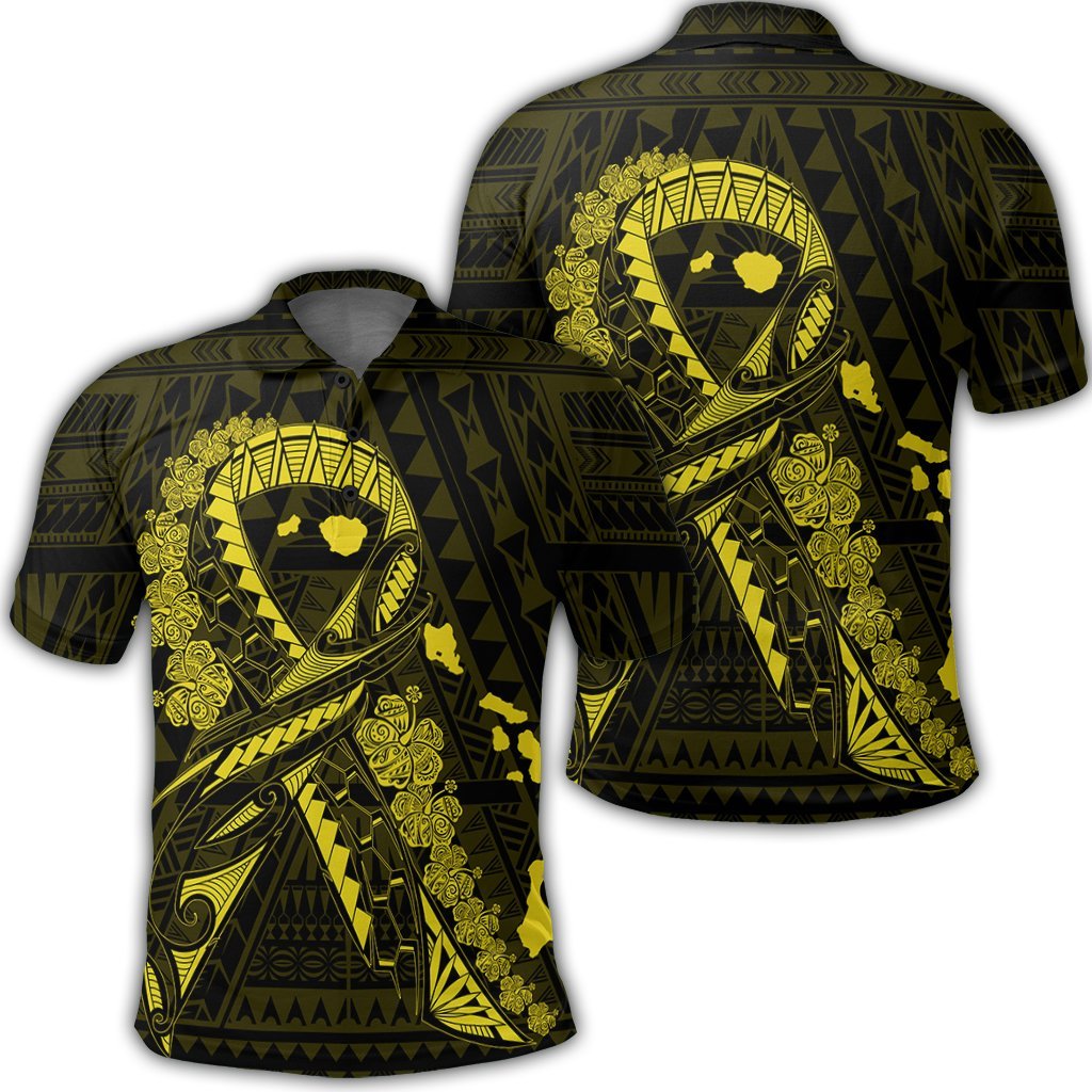 Hawaiian Map Heart Ribbon Cancer Hibiscus Yellow Polynesian Polo Shirt Unisex Black - Polynesian Pride