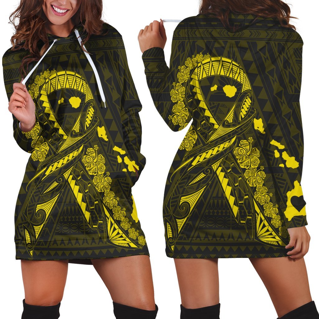 Hawaiian Map Heart Ribbon Cancer Hibiscus Yellow Polynesian Hoodie Dress - AH Black - Polynesian Pride