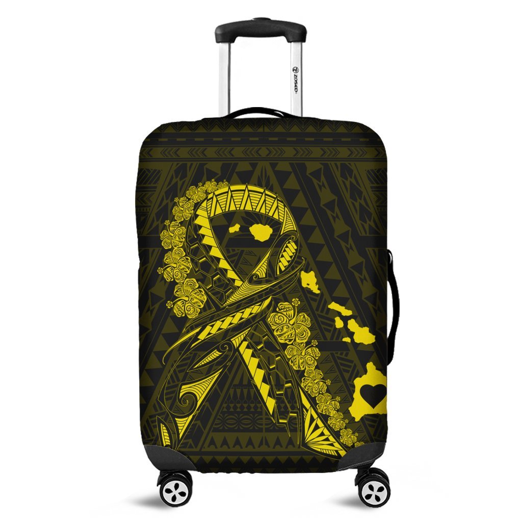 Hawaiian Map Heart Ribbon Cancer Hibiscus Yellow Polynesian Luggage Covers - AH Black - Polynesian Pride