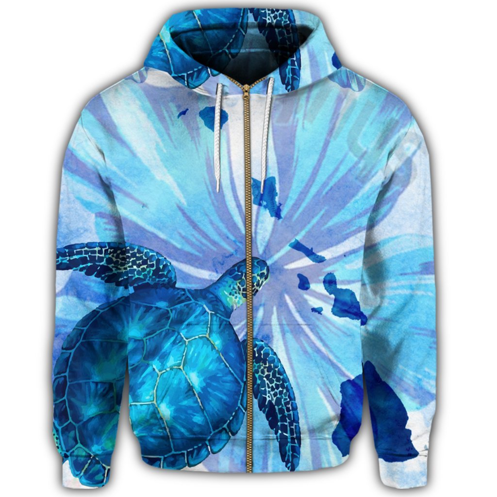 Hawaiian Map Hibiscus Flower Turtle Polynesian Zip Hoodie Blue - Polynesian Pride