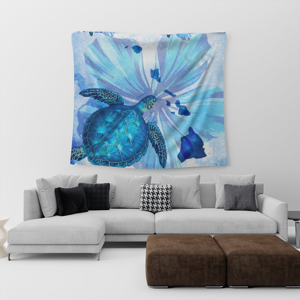 Hawaiian Map Hibiscus Flower Turtle Polynesian Tapestry Blue - AH - Polynesian Pride