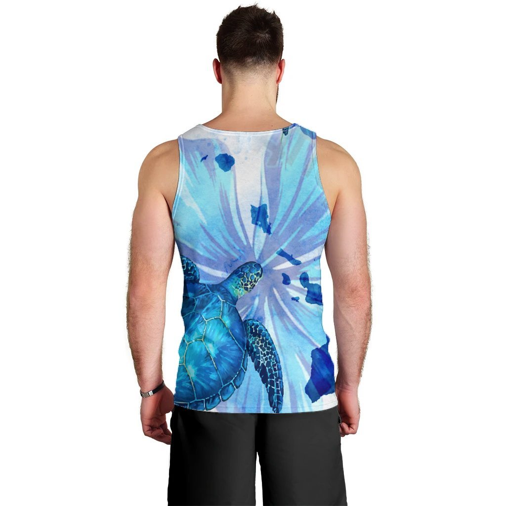 Hawaiian Map Hibiscus Flower Turtle Polynesian Tank Top Blue - AH - Polynesian Pride