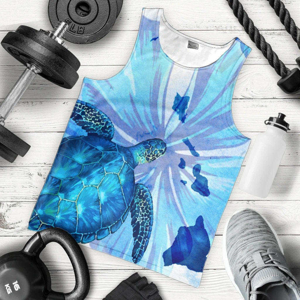 Hawaiian Map Hibiscus Flower Turtle Polynesian Tank Top Blue - AH - Polynesian Pride