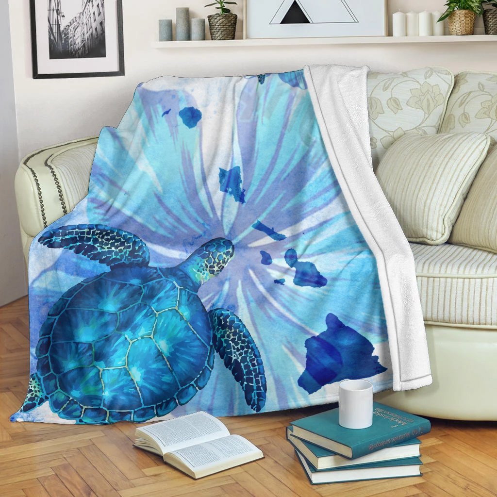 Hawaiian Map Hibiscus Flower Turtle Polynesian Premium Blankets Blue - AH White - Polynesian Pride