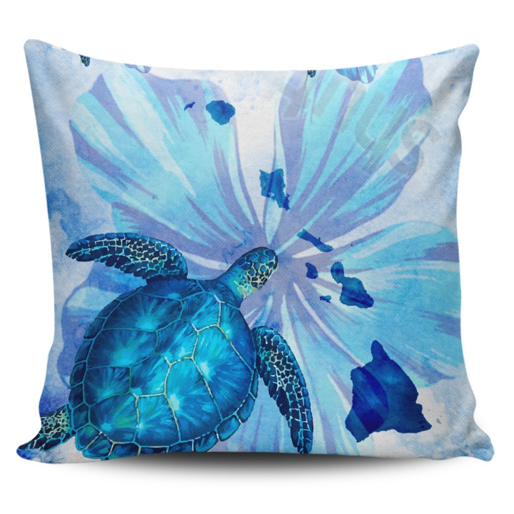 Hawaiian Map Hibiscus Flower Turtle Polynesian Pillow Covers Blue - AH Pillow Covers Black - Polynesian Pride