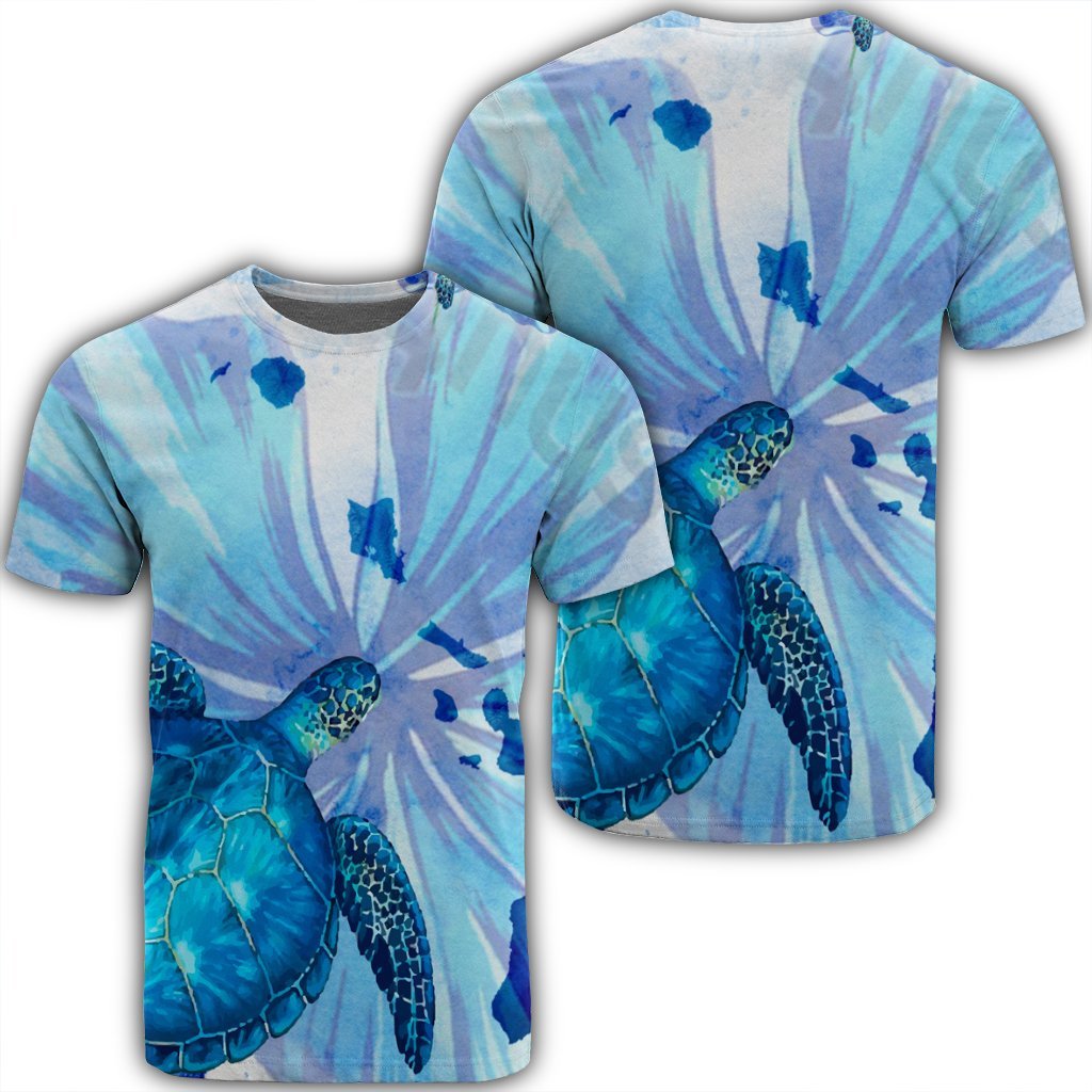 Hawaiian Map Hibiscus Flower Turtle Polynesian T Shirt Blue Unisex Black - Polynesian Pride