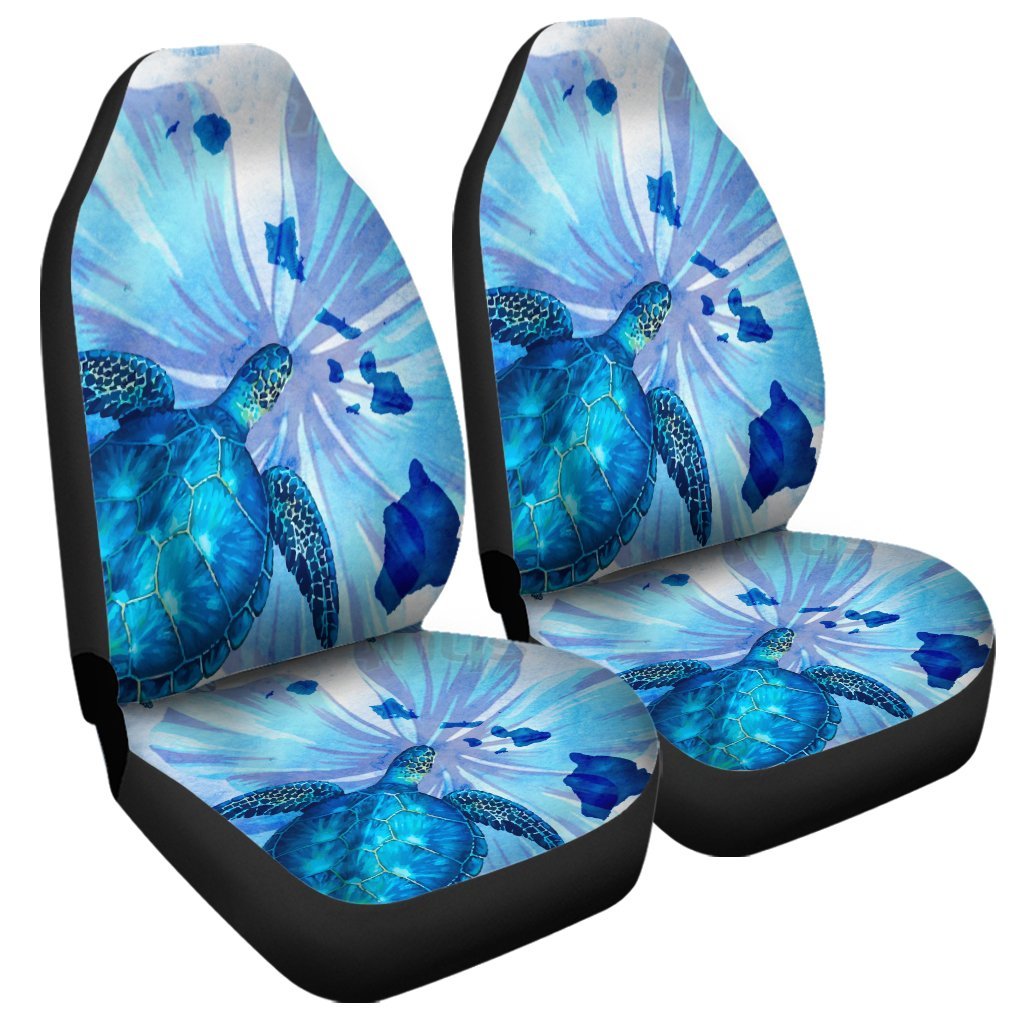 Hawaiian Map Hibiscus Flower Turtle Polynesian Car Seat Covers Blue - AH Universal Fit Black - Polynesian Pride