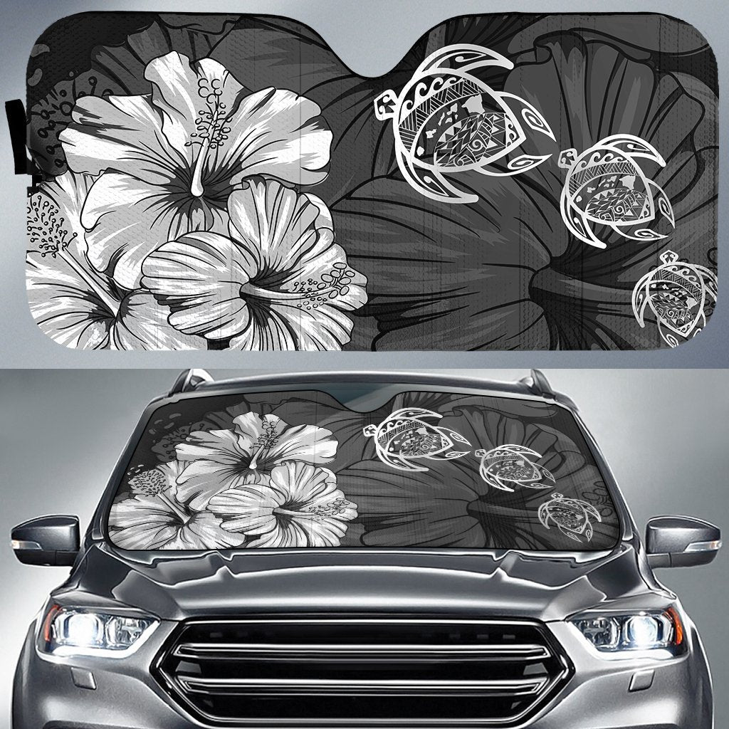 Hawaiian Map Hibiscus Flowers Vintage Polynesian Hawaii Car Sun Shade - White Auto Sun Shade Universal Fit White - Polynesian Pride